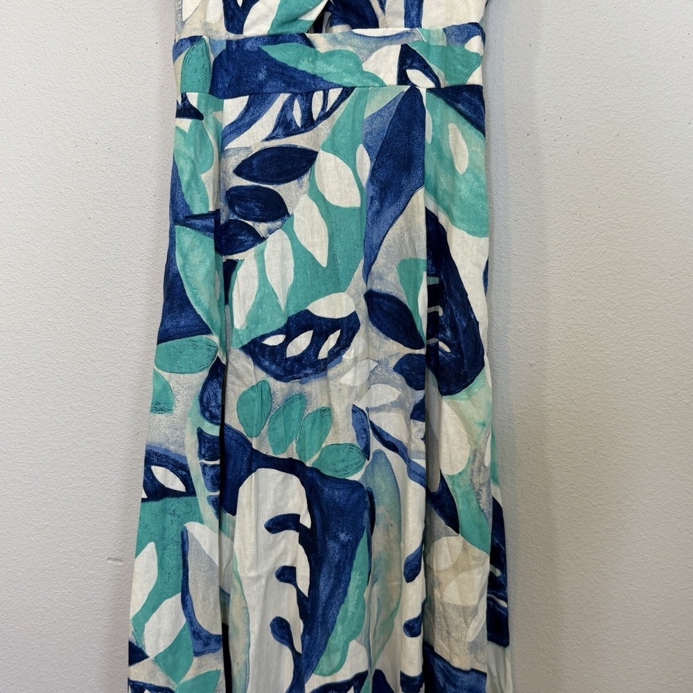 1 State Maxi Dress Womens Size Large Blue Floral Linen Blend Open Back High Slit - Picture 6 of 14